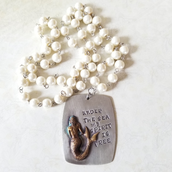 Hand Crafted Hand Stamped Faux Pearl Mermaid Pendant Necklace - Picture 6 of 16